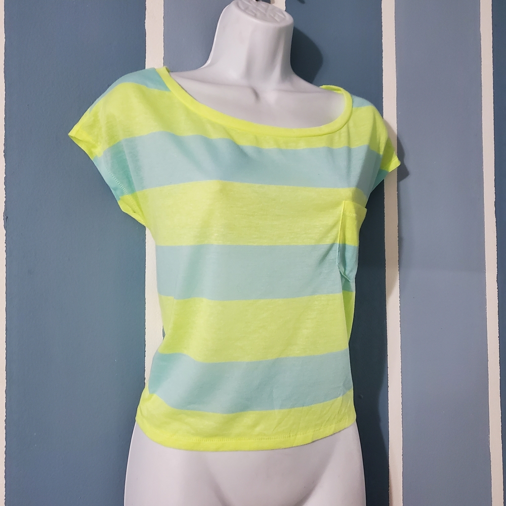 American Eagle Outfitters Neon Yellow and Light Blue Striped Tee